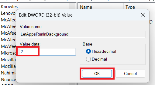 Type 2 in the Value data field and click OK