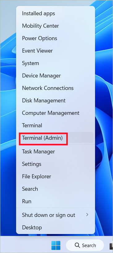Select Terminal (Admin) to disable widgets in Windows 11