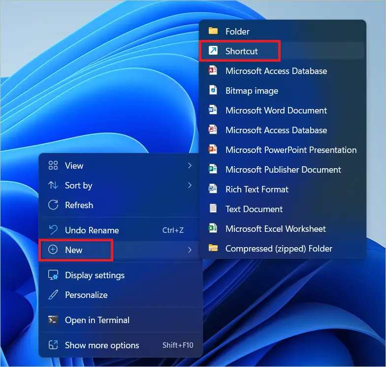 Select New > Shortcut to Open Disk Management On Windows 11