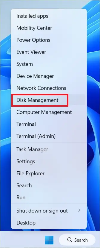 Select Disk Management on Windows 11