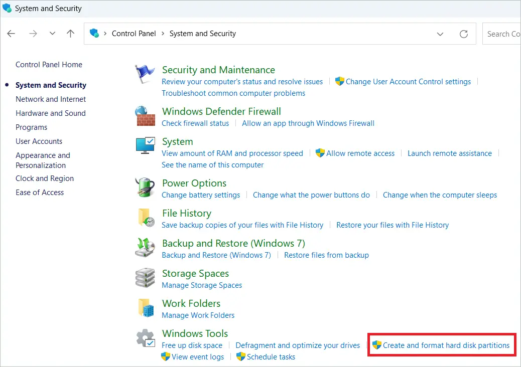 Click Create and format hard disk partition on Windows 11