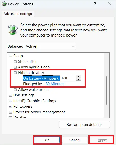 Enter the minutes in the Hibernate in Windows 11 after the option