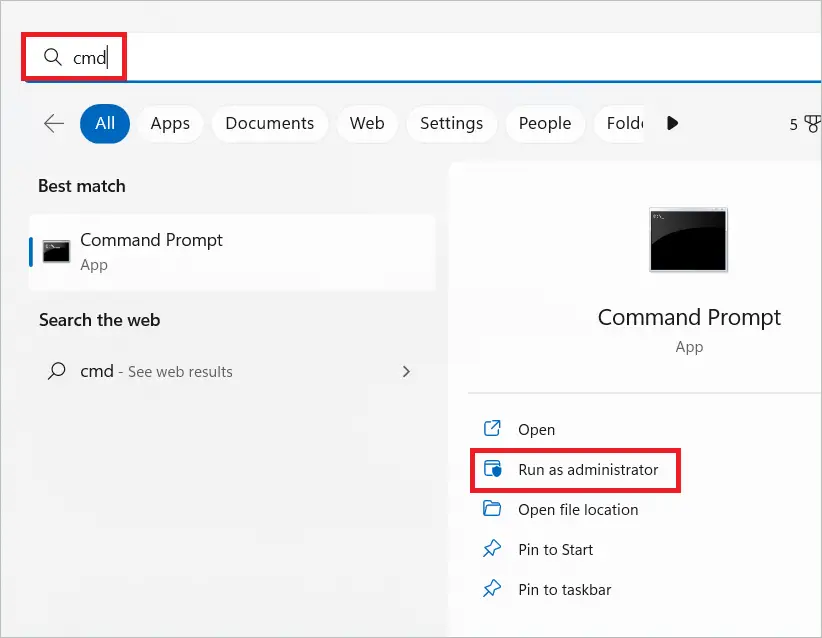 Open Command Prompt by selecting Run as administrator