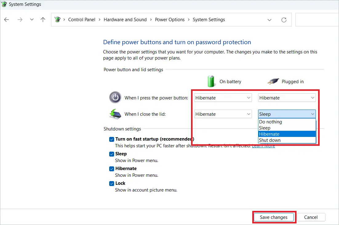 Select the Hibernate option and click Save changes