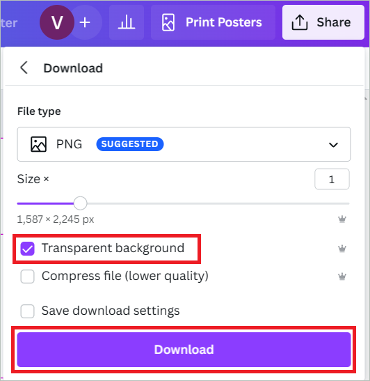 Check Transparent background and click Download button
