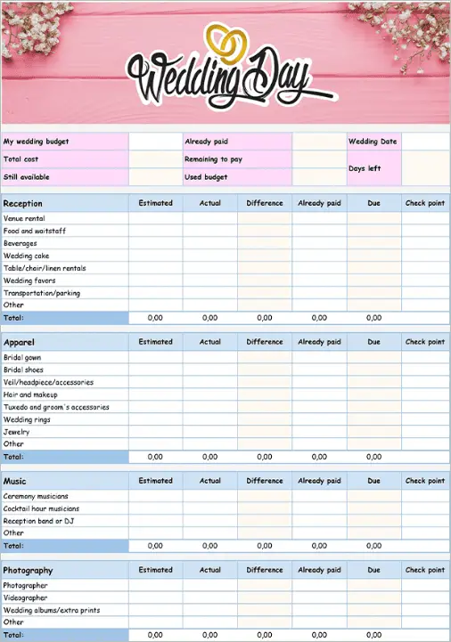 Pink Wedding Budget Template
