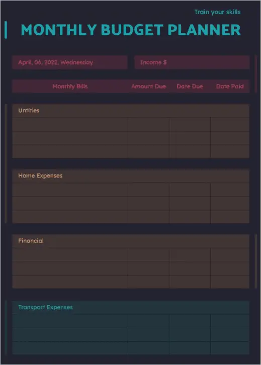 Dark Monthly google docs budget template