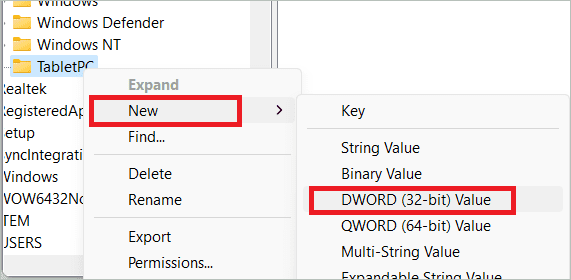 Select New > DWORD (32-bit) Value