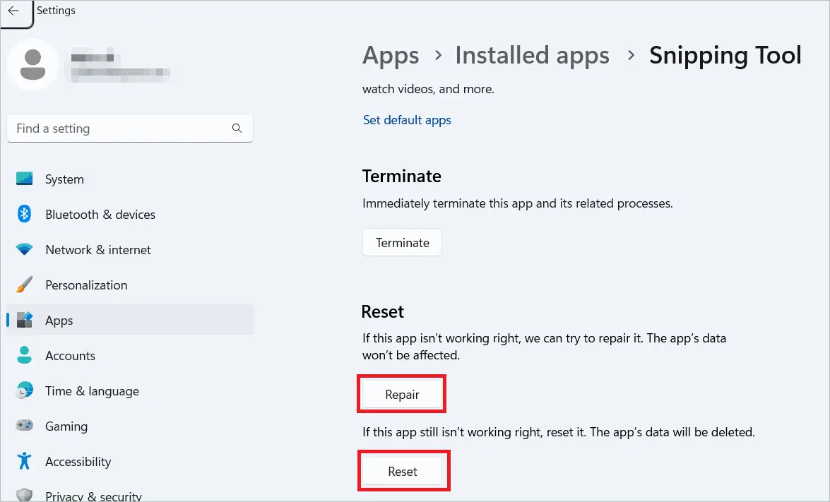 Click the Repair or Reset button for Snipping Tool Not Working In Windows 11