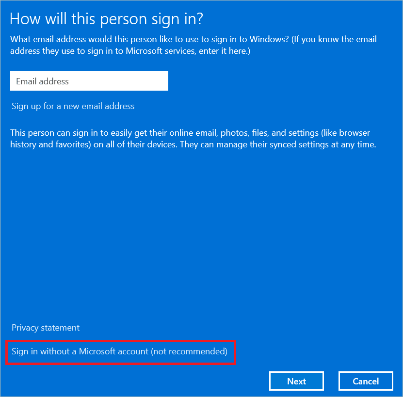 Click Sign in without a Microsoft account
