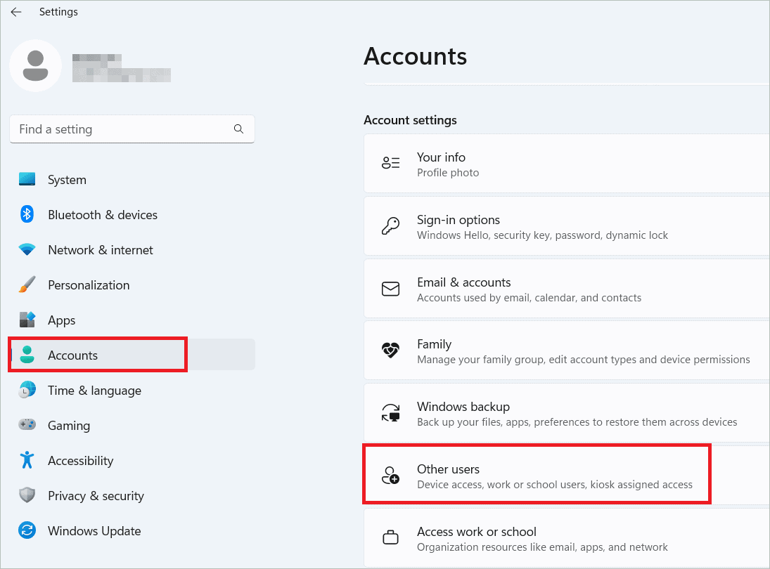 Select Accounts > Other users