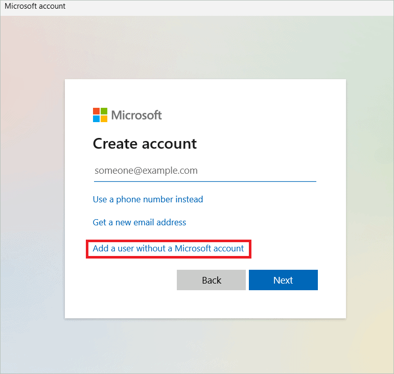 Click Add a user without a Microsoft account