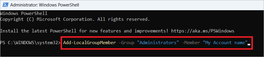 Add the account to administrators group