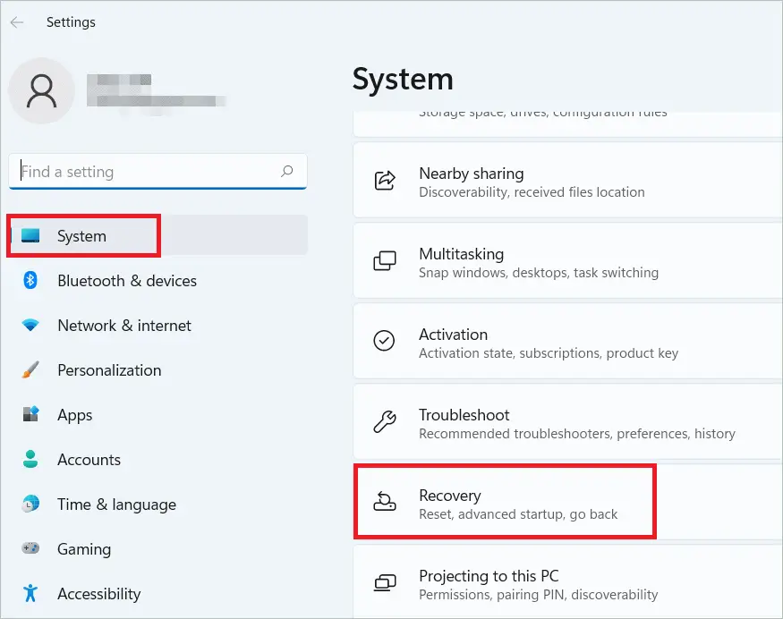 Select System > Recovery to fix Windows 11 keeps crashing