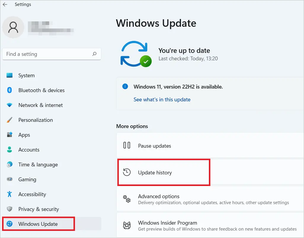 Select Windows Update > Update history