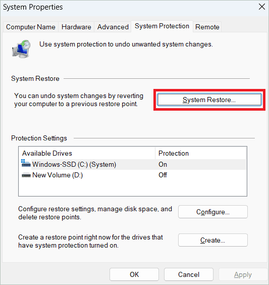 Click System Restore to fix Windows 11 update stuck