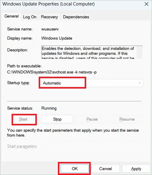 Start service and click OK