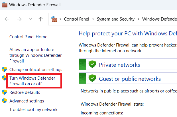 Select Turn Windows Defender Firewall on or off