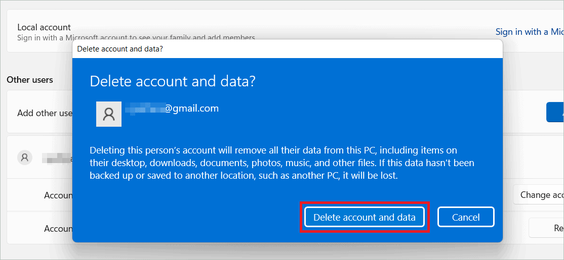 Click Delete account and data to Remove Microsoft Account From Windows 11