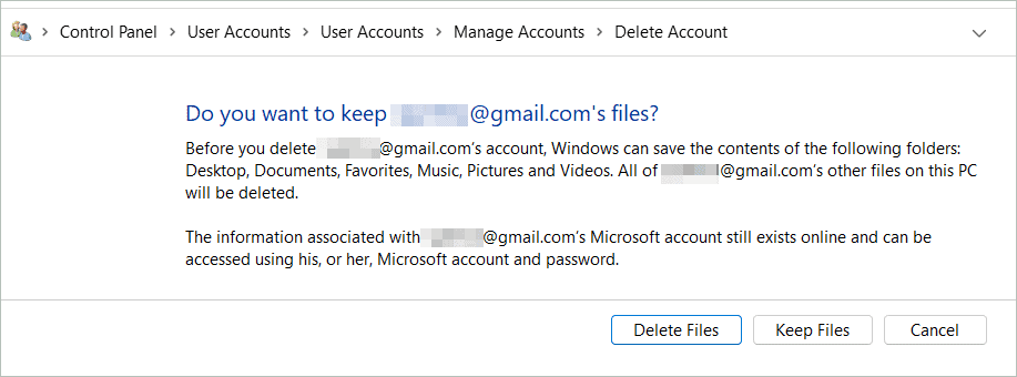 Click Delete Files or Keep Files to Remove Microsoft Account From Windows 11