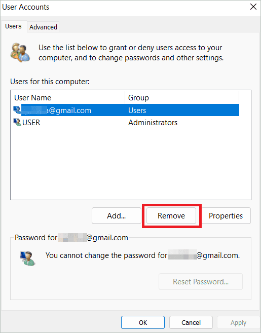 Click Remove to Remove Microsoft Account From Windows 11