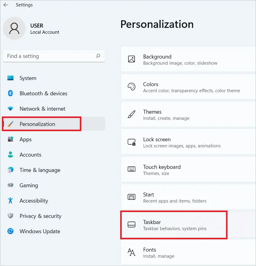 Select Personalization > Taskbar