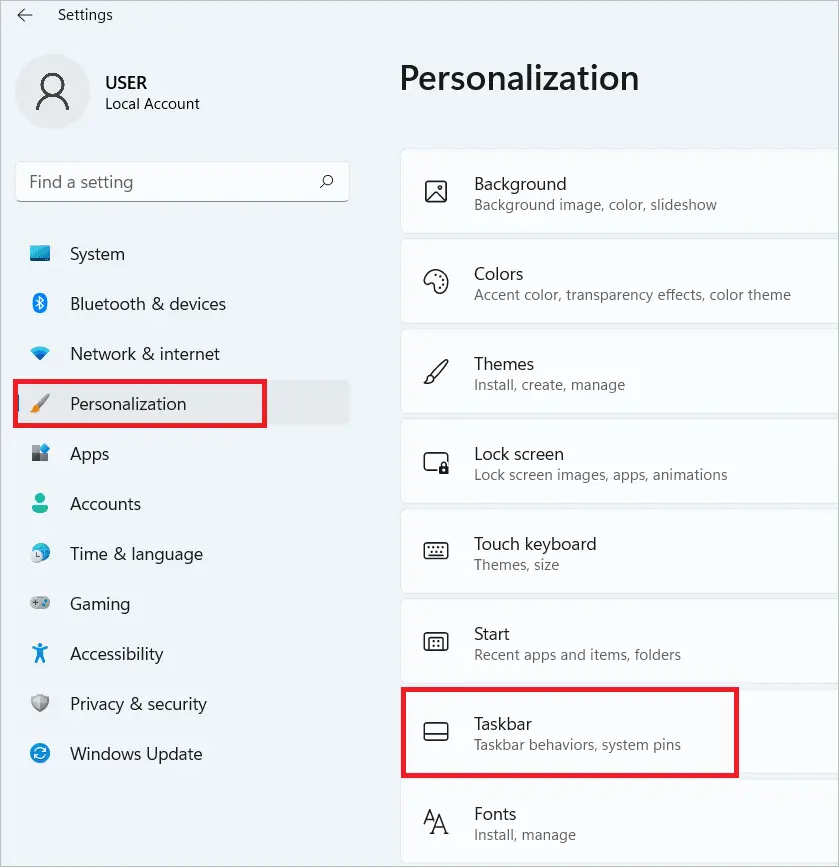 Select Personalization > Taskbar