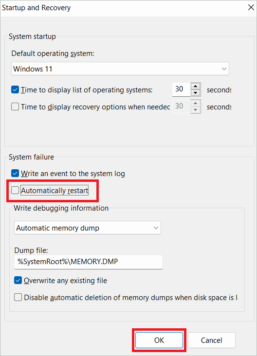 Uncheck the Automatically restart box and click OK to keep windows 11 keeps restarting