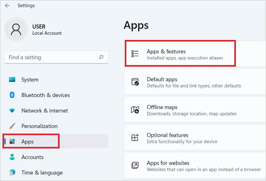 Select Apps > Apps & features