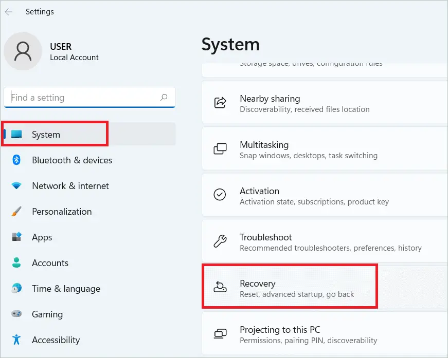 Select System > Recovery