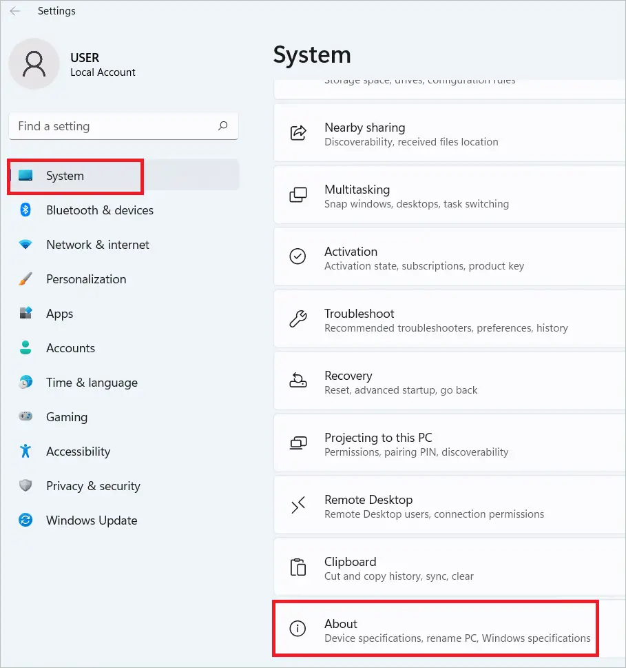 Select System > About for windows 11 s mode