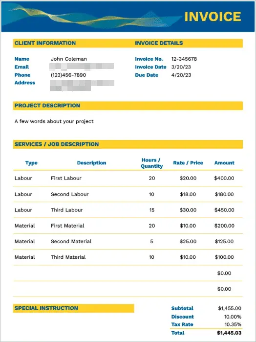 Yellow and Blue Sheet Invoice Template