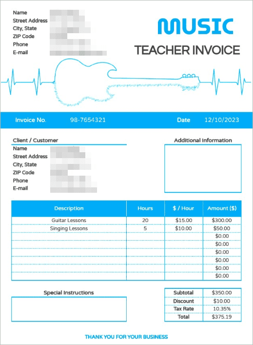 Music Teacher Sheet Invoice Template
