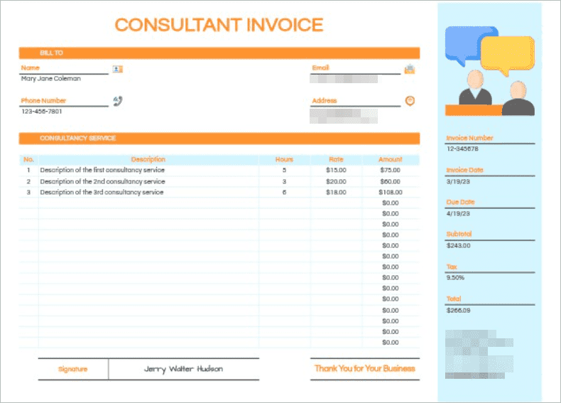 Consultancy Services Sheet Invoice Template