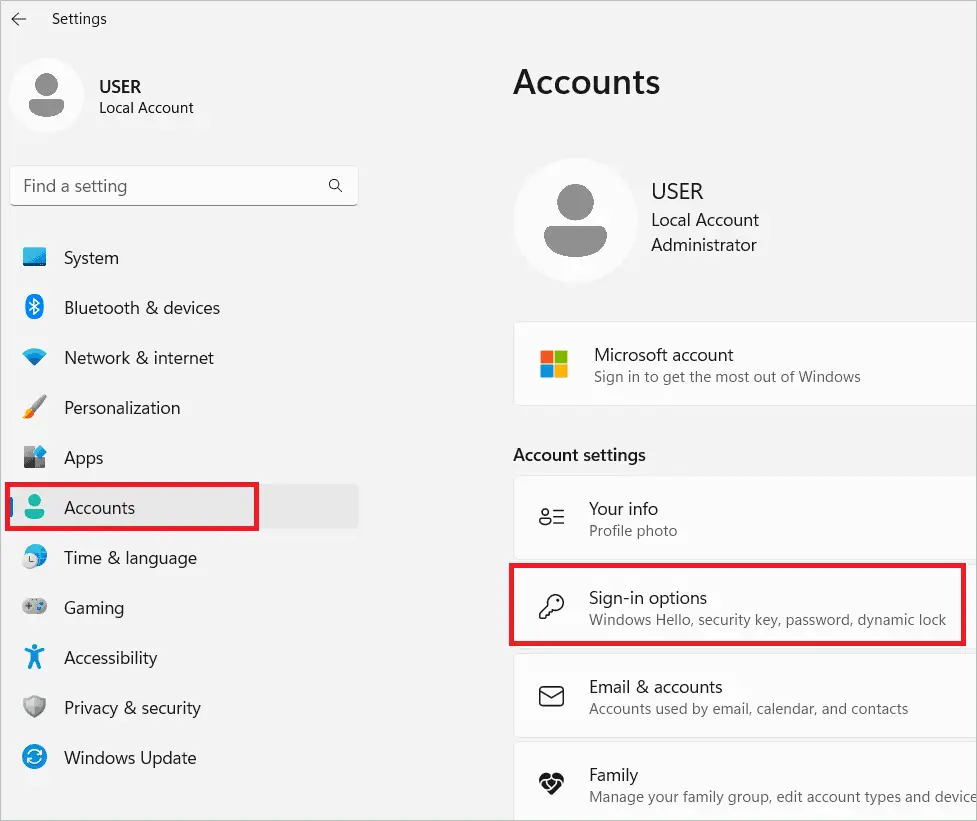 Select Accounts > Sign-in options