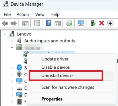 Select Uninstall device