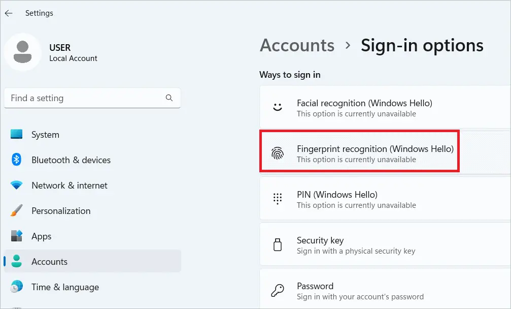 Select Fingerprint recognition