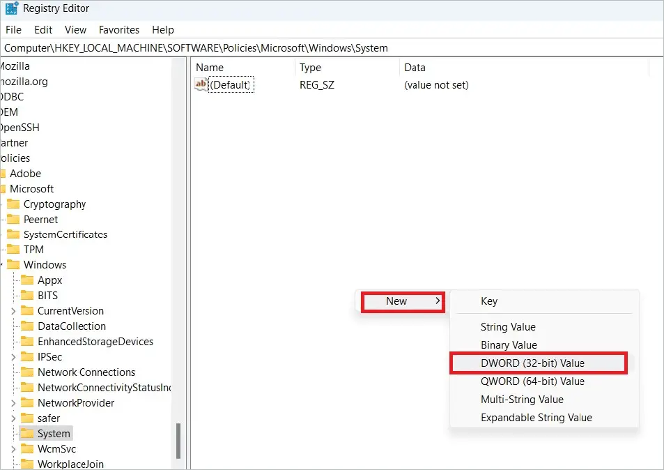 Select New > DWORD (32-bit) Value
