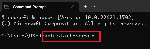  Start server command To Fix ADB Not Recognized In Windows 11