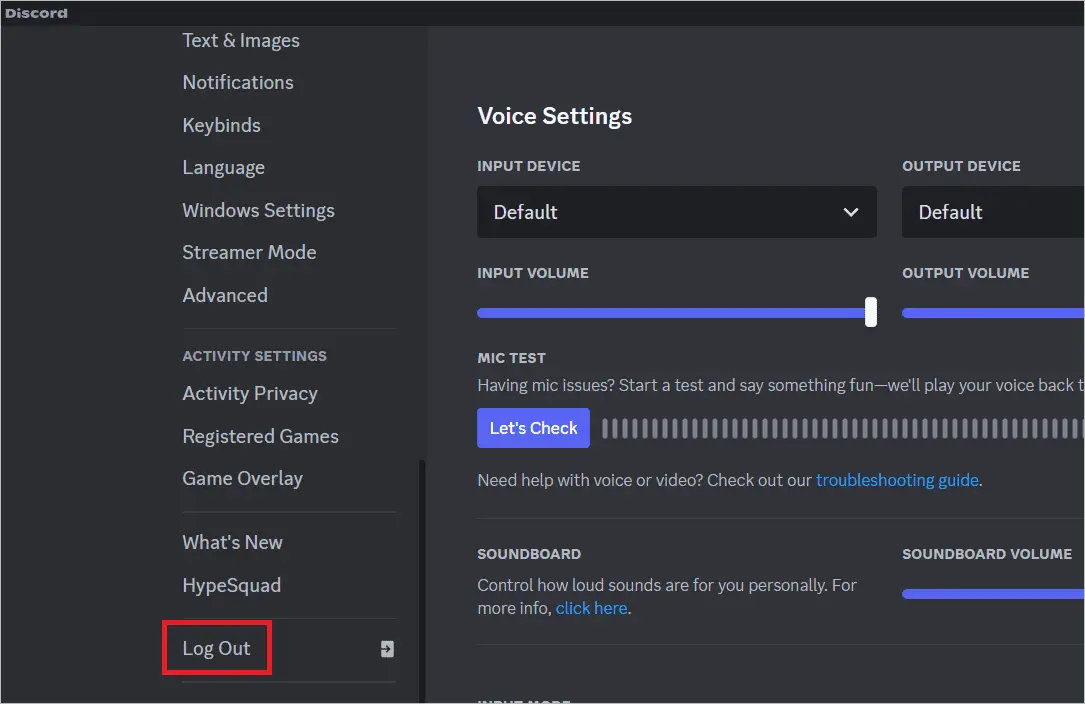 Click Log Out To Fix Discord Mic Not Working In Windows 11