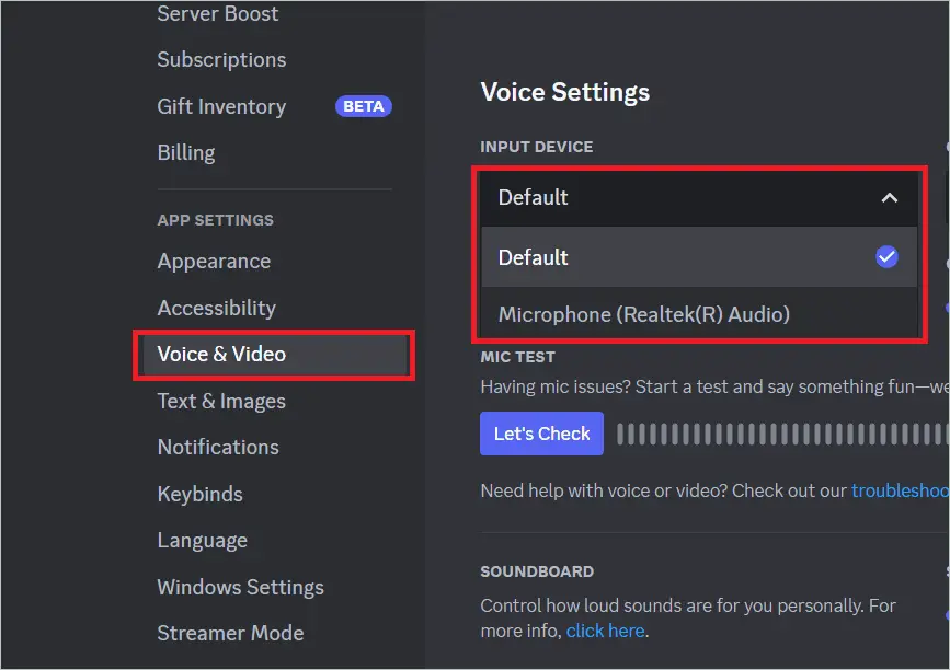 Select the microphone from the Input Device drop-down box