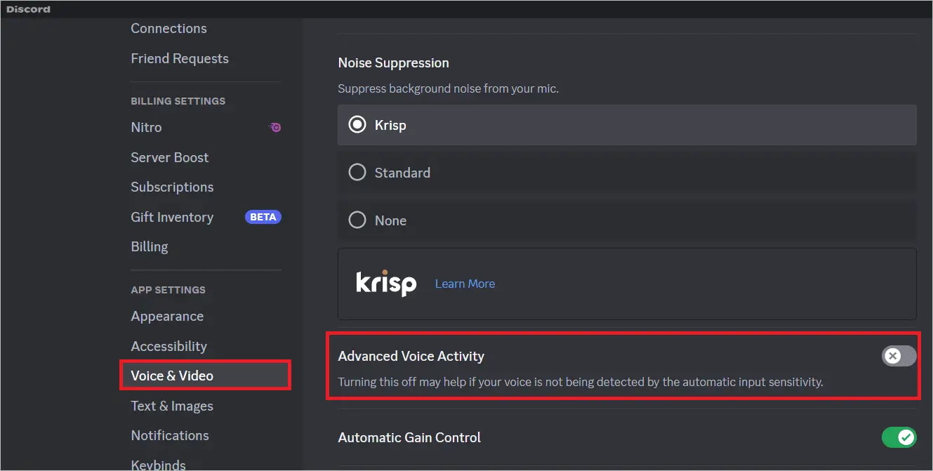 Toggle off Advanced Voice Activity