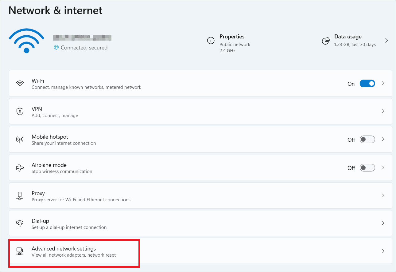 Select Advanced network settings to fix Enter network credentials in Windows 11 