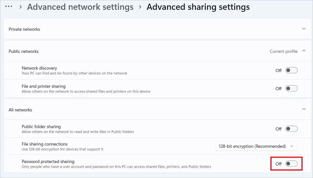 Toggle off Password protected sharing to fix Enter network credentials in Windows 11 