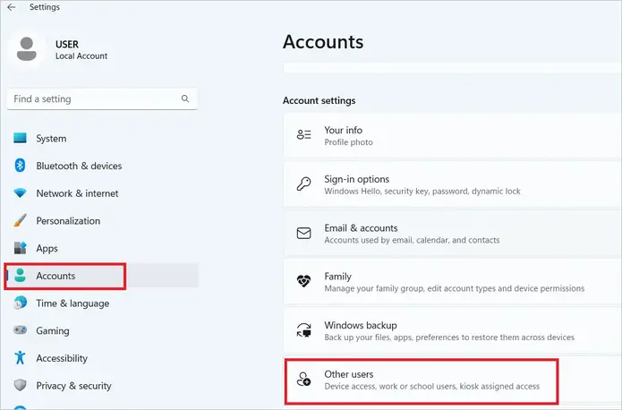 Select Accounts > Other users