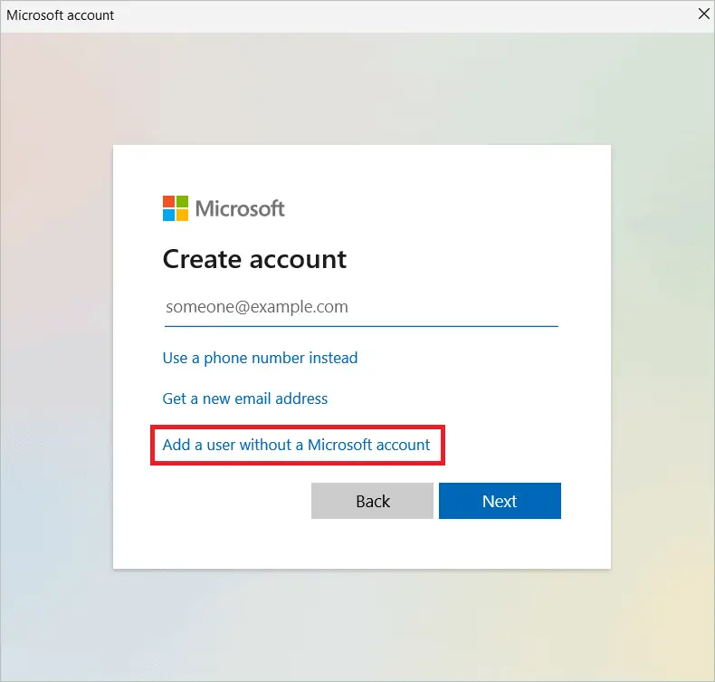 Select Add a user without a Microsoft account