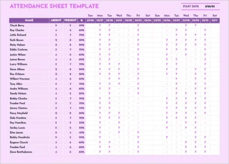 Magenta Attendance Sheet Template