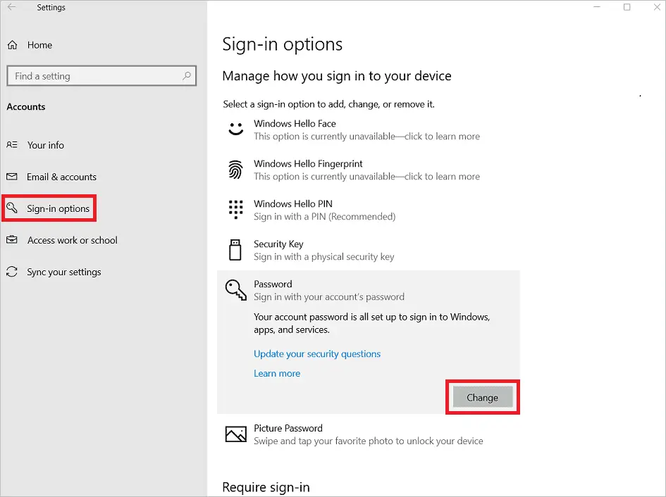 Select sign-in options and click Change