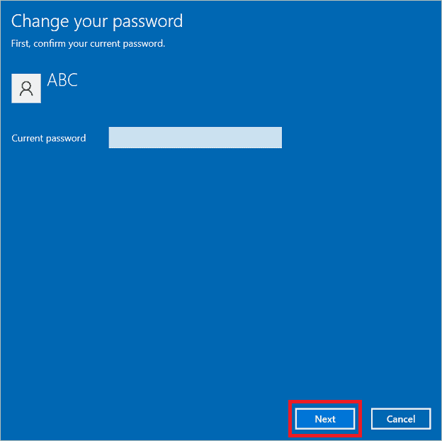 Type the current password and click Next