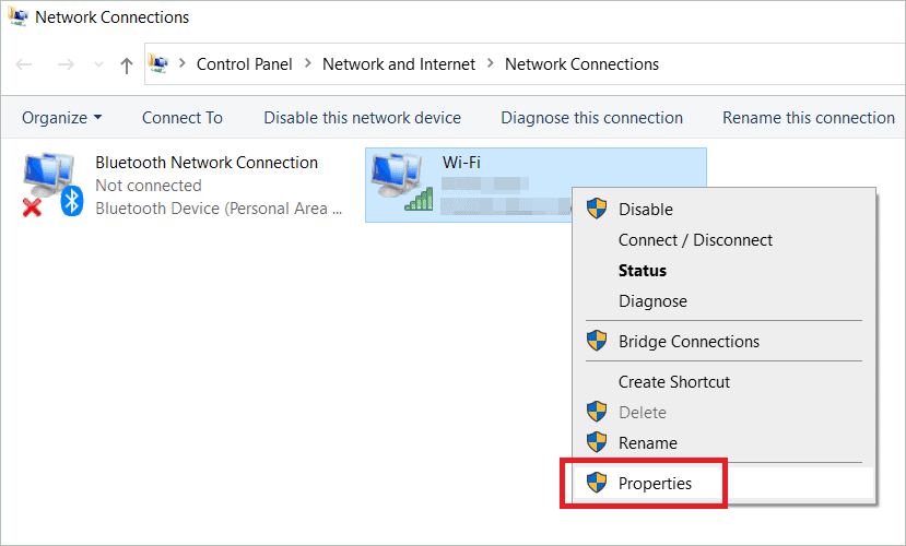 Select network connection properties to fix network credentials windows 10